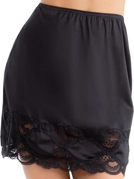ILUSION Lady's Half Slip 24 Inch - Satin Anti-Static with Lace Detail & Comfortable Elastic Waist - Loose-Fitting for Dresses & Skirts